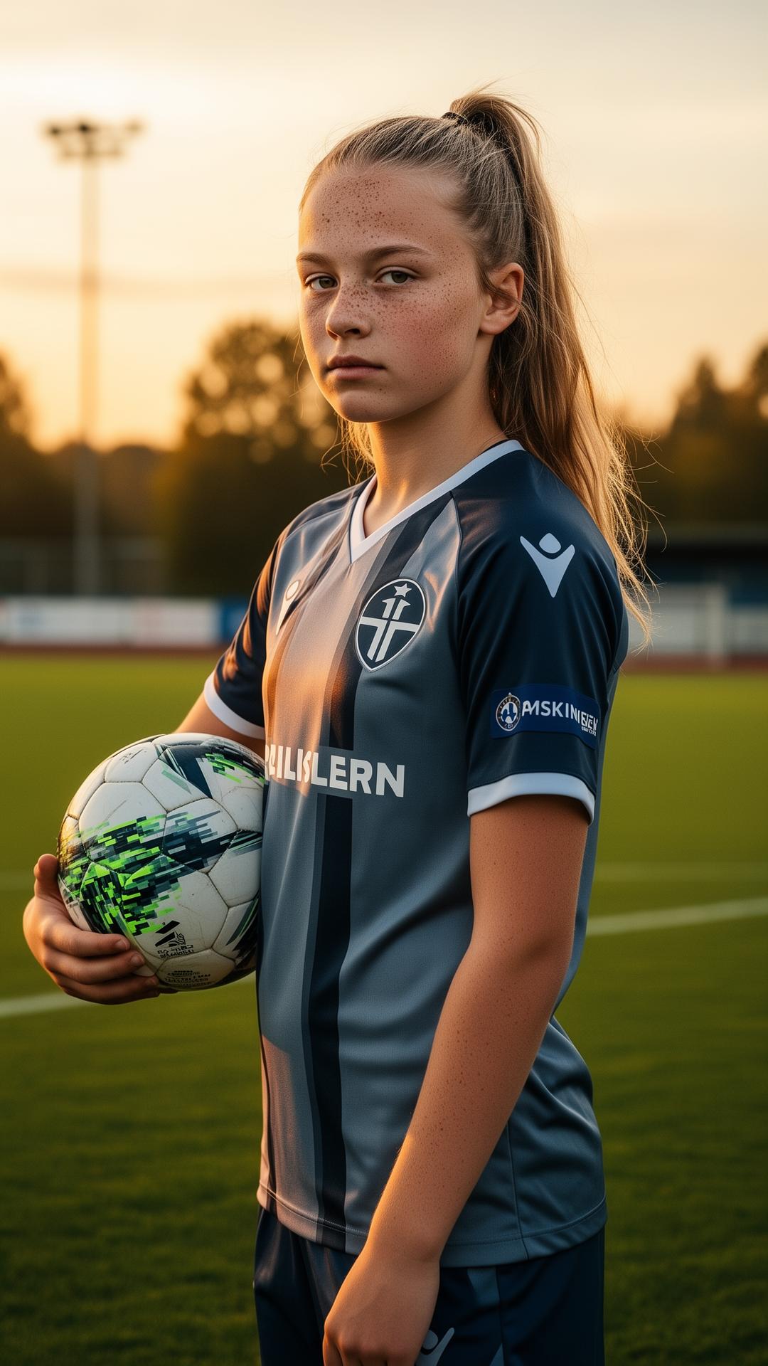 Ung fotbollstjej i tonåren på fotbollsplan i kvällsljus – knäkontroll och skadeförebyggande träning för tjejer